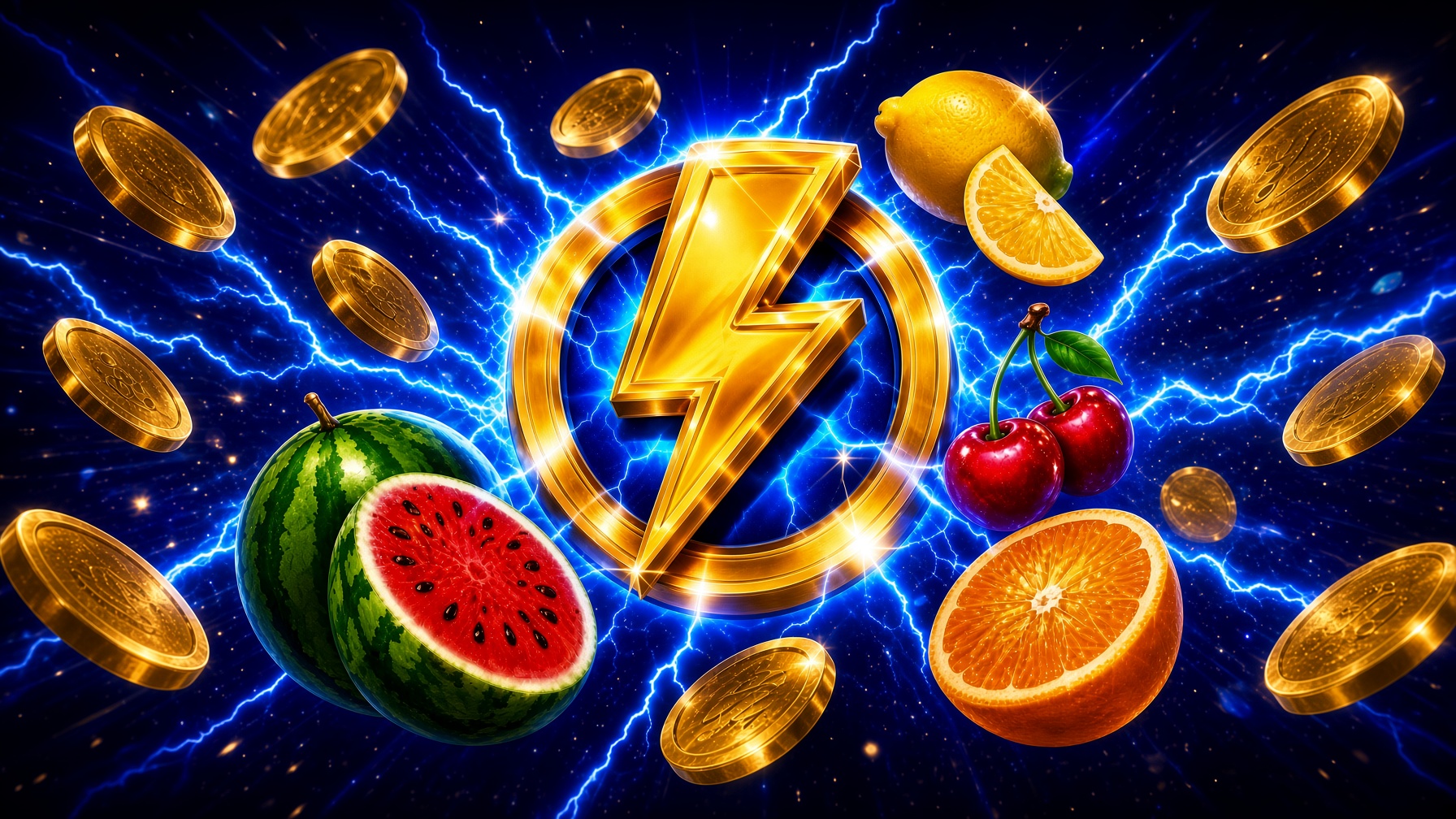 Goldener Blitz, Münzen und Früchte vor einem elektrisch blauen Hintergrund